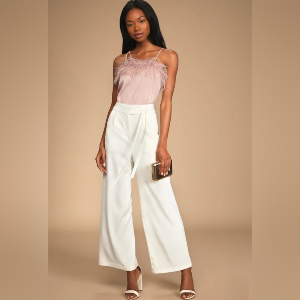 Lulus Chic Sophistication Ivory Side-Tie Wide-Leg Trouser Pants
